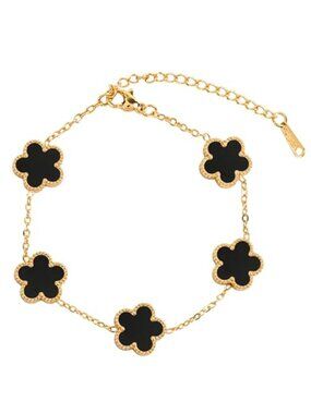 Women's Four-Leaf Black Clover Bracelet Hypoallergenic Stainless Steel 18K Gold